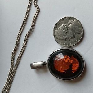 Polish carved amber lady woman sterling silver 925 chain necklace pendant charm